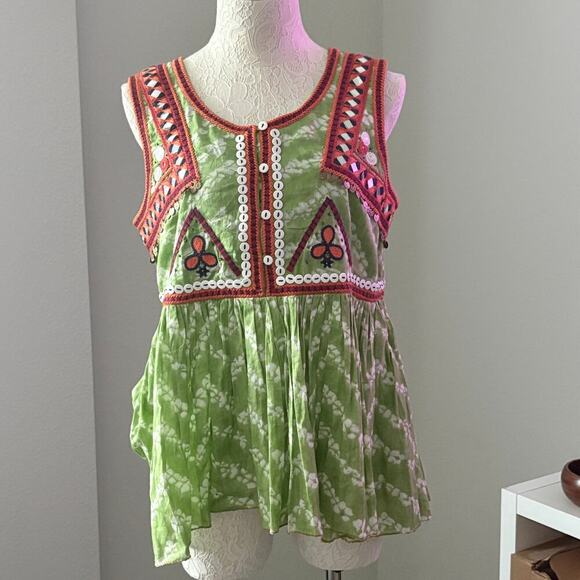 Indigo Moon Green Mirror Embroidered Festival Boho Top Medium Sleeveless Cotton - Picture 4 of 13
